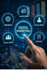 Digital marketing concept showing a futuristic dashboard with branding, advertising, social media, and content marketing icons surrounding a central digital marketing interface, as a hand interacts with the virtual display representing online business growth and digital strategy.
