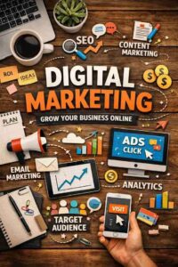 A digital marketing concept illustration featuring SEO, content marketing, email marketing, online advertising, analytics, target audience, and business growth elements displayed on laptops, tablets, and smartphones, representing key digital marketing strategies for growing a business online.