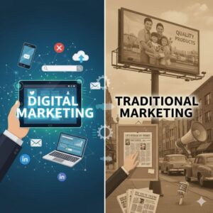 A side-by-side comparison of digital marketing and traditional marketing, featuring digital devices, email, search, and social media icons on one side, and billboards, newspapers, and radio advertising on the other, illustrating the key differences between traditional marketing vs digital marketing.