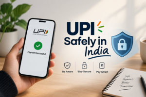 UPI safely in India with a smartphone showing a successful payment and a security shield icon.